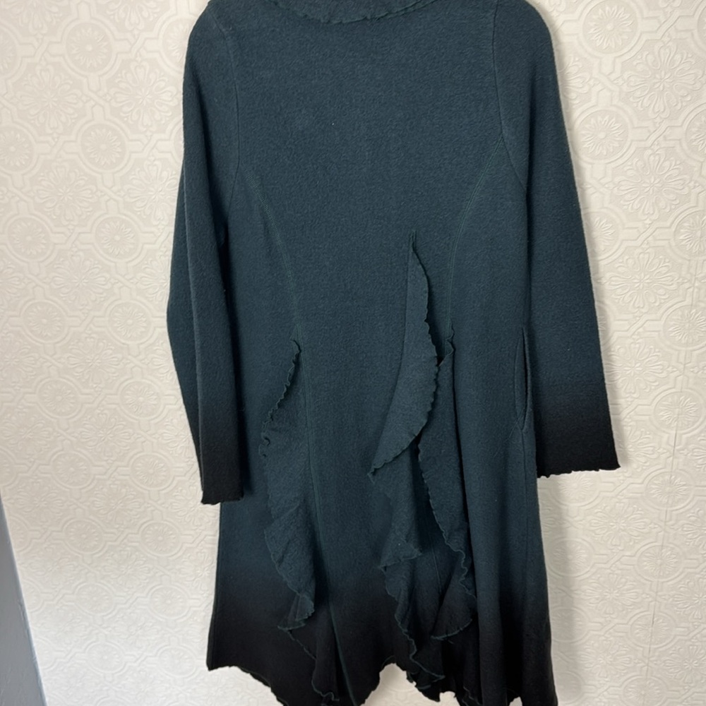 CoVelo Wool Coat Teal Longline Flutter Flower Ombré Artsy Art To‎ Wear Lagenlook - Picture 8 of 8